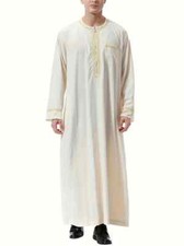 Men's Saudi Arabic Thobe Jubba Dishdasha Long Sleeve Robe, Beige, XL