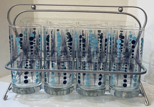 MCM LIBBEY TURQUOISE & BLACK DOTS DRINKING GLASSES/TUMBLERS SET OF 8 W/Rack-6” - Picture 1 of 2