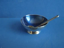 MEKA DENMARK SILVERPLATE BLUE ENAMEL OPEN SALT CELLAR w/SILVERPLATE SPOON