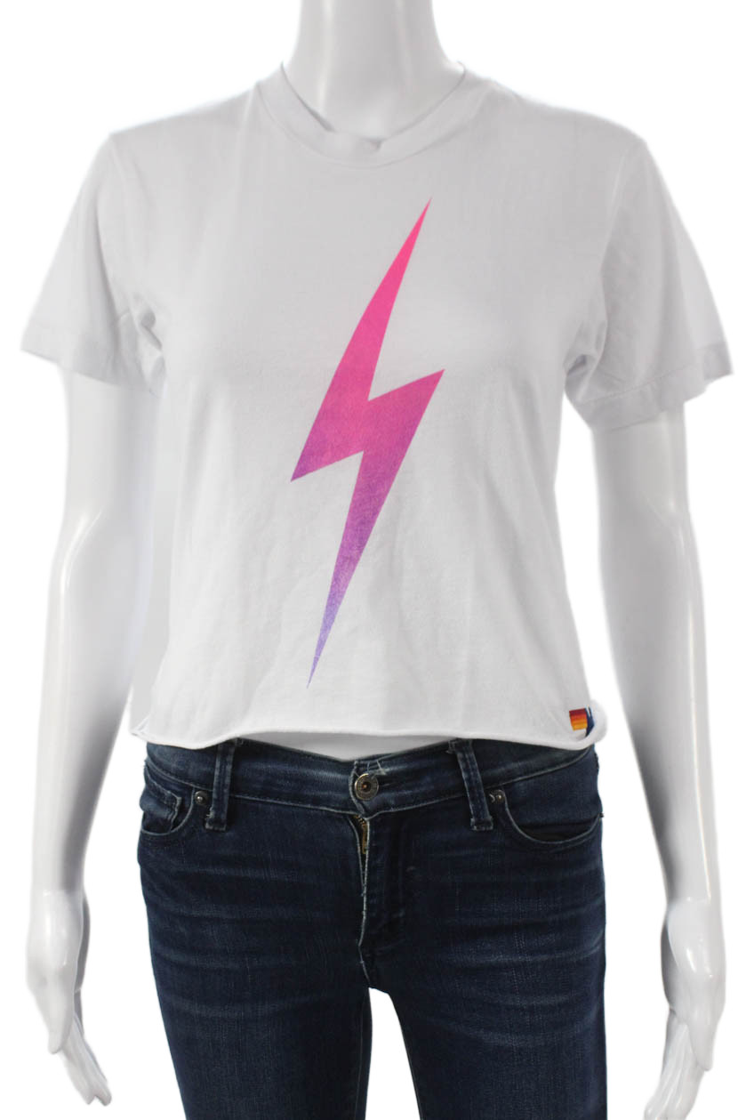 Aviator Nation Women Cropped Short Sleeve T-Shirt White Size XSFree Shipping in US $100+ Orders | $6.95 Orders Below