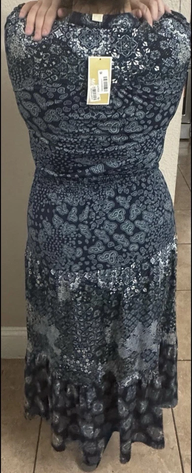Vestido Michael Kors Boho Paisley Midi Nuevo con Etiquetas - Manga Larga Cuello Atado Azul Marino Talla M Foto 2 de 4
