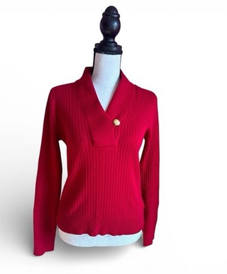 Lauren Ralph Lauren Red Ribbed Sweater Womens S Gold Button Shawl Collar P/S 