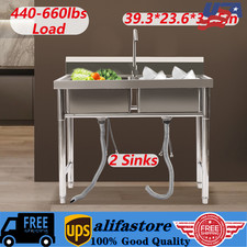 Freestanding 2 Bowls Kitchen Sink Stainless Steel Fruit Dishwasher Sink w/Faucet