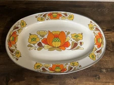 Sanko Ware Enamelware Vintage Serving Platter in Country Flowers Pattern  70s