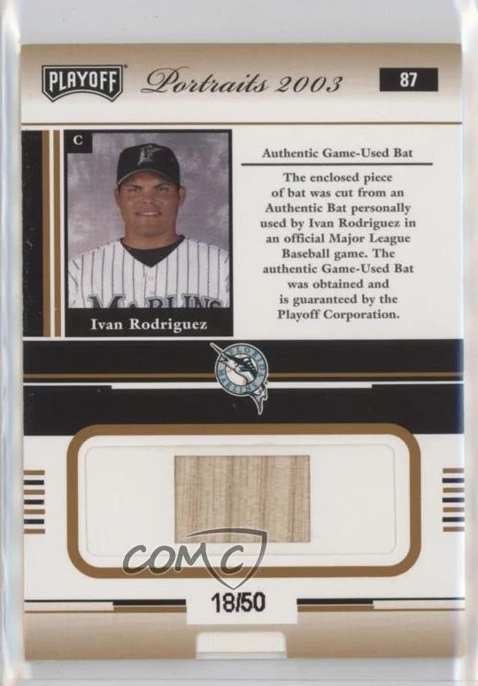 2003 Playoff Portraits Bronze Materials /50 Ivan Rodriguez #87 HOF - Image 2 of 2