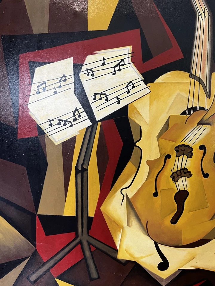 Signed L.J. Hogan Modernist Surrealism Violin Oil Painting on Canvas 42x40 - Image 3 of 4