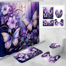 Purple Floral Butterfly Shower Curtain Set with Rugs - 4 Pcs Bath Decor