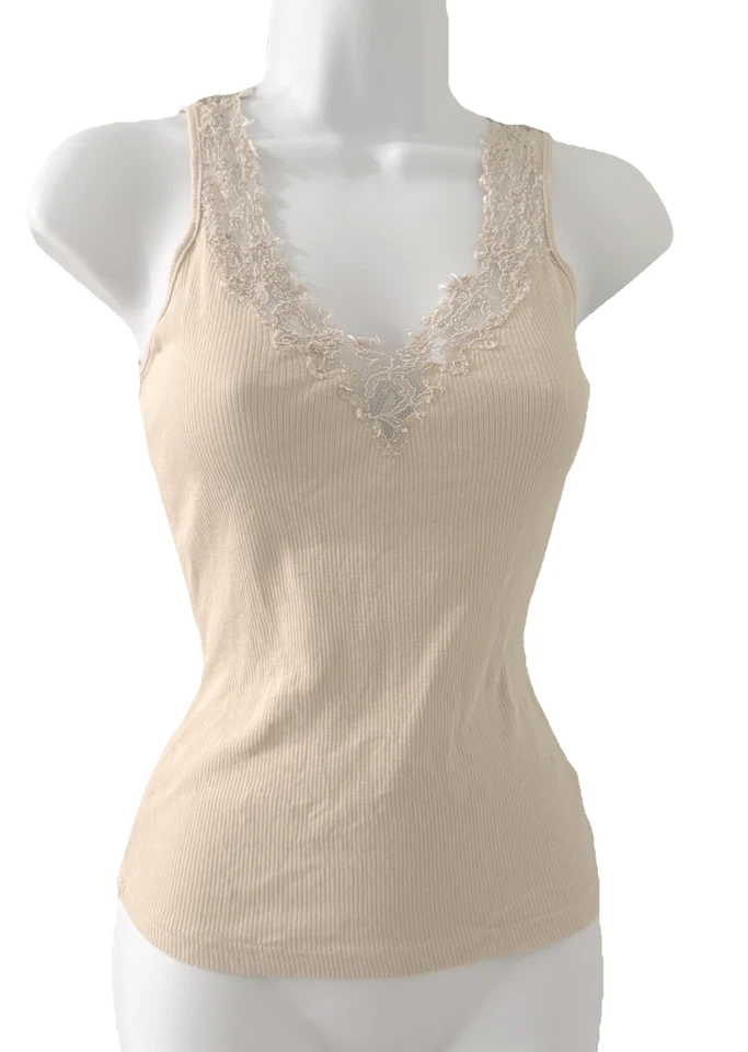 vintage y2k 2000s guess jeans lace trim ribbed nude tank top S small - Image 2 of 4