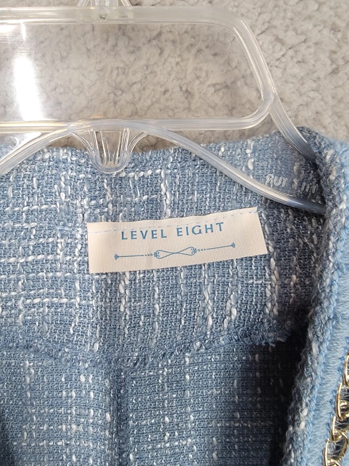 Chaqueta Blazer Azul Tweed Para Mujer Mediana Dorado Detalle Cadena Borde Nivel Ocho Foto 3 de 4