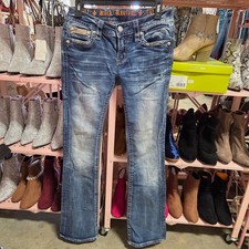 Rock Revival Etty Bootcut Jeans Medium Wash Fleur De Lis Embellished Size 28