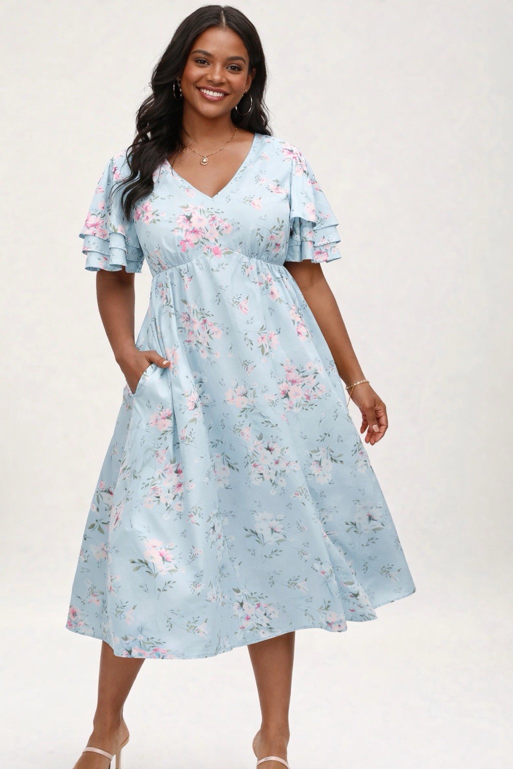 Bloomchic Dress Light Blue And Pink Floral, Pockets, Size 22-24