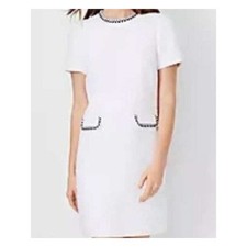 Ann Taylor White Tweed Shift Dress Short Sleeve Braided Trim Size 4