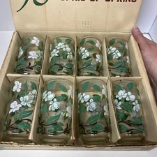 Blossoms Sprig Of Spring 8 Vintage Glass Tumblers MCM