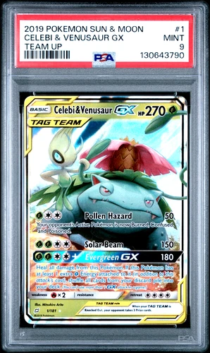 Celebi & Venusaur GX 1/181 - Sun & Moon - Team Up - Pokemon Card - PSA 9