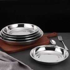 —Metal Dinner Plates 304 Stainless Steel Round Camping Plates Thickened Soup