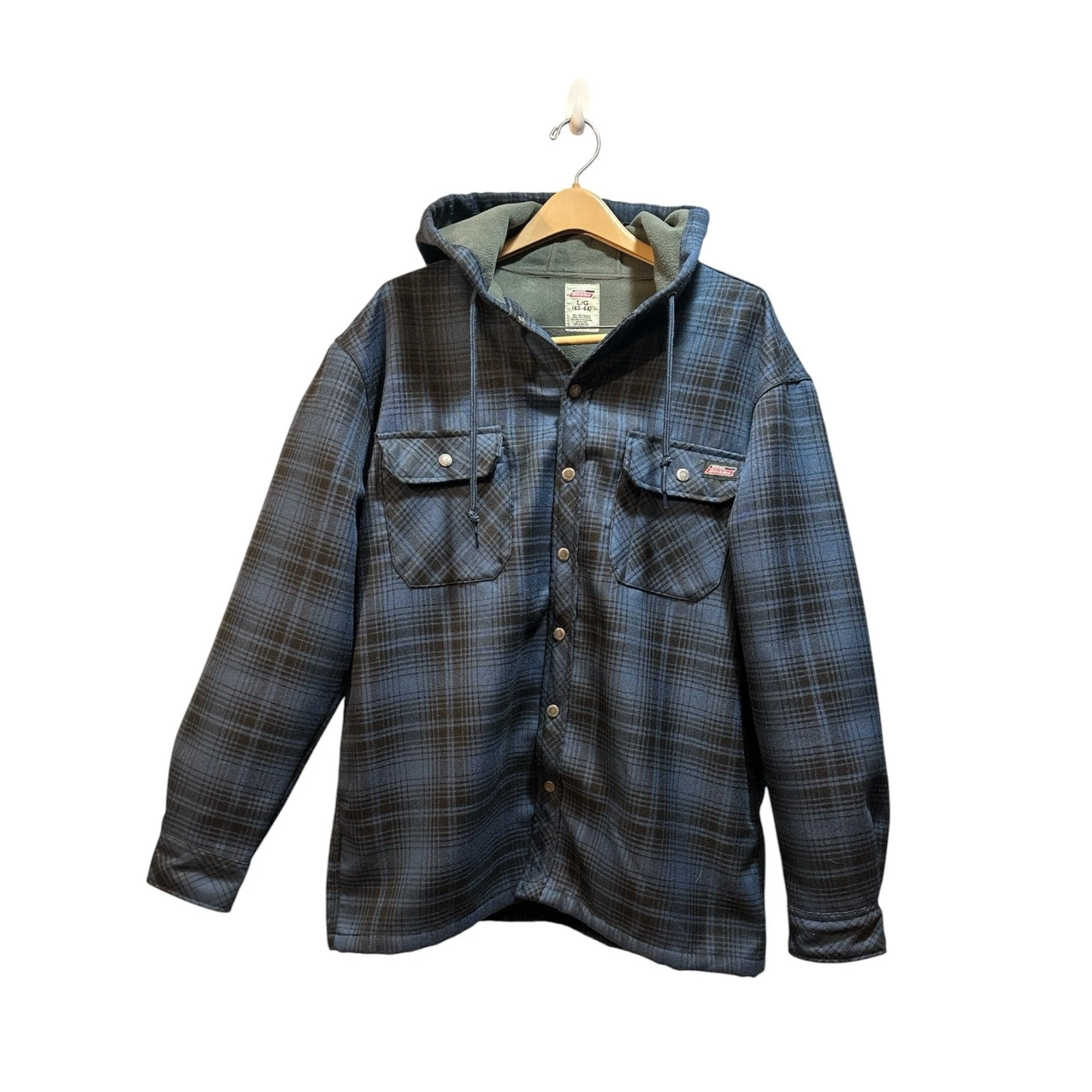 Dickies blue plaid flannel shirt jacket hooded men’s large with snap closure.