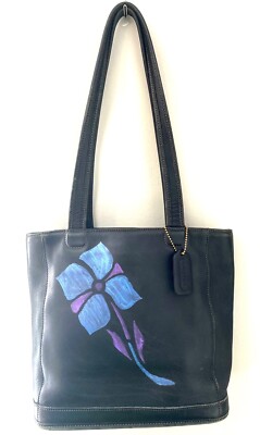 Vintage Coach Black Leather Bleecker Tote Bag 9305, w/Art Nouveau
