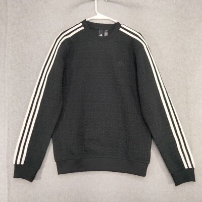 RARE Adidas Sweater Mens S Black White ''Three Stripes'' Raised 3D Lettering Crew