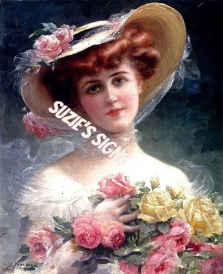 Victorian Woman Fabric Block Rose Bouquet