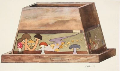 Entwurf für eine Kiste mit Landschaftsdekor und Pilzen, Aquarell, um 1900 - Bild 1 von 4