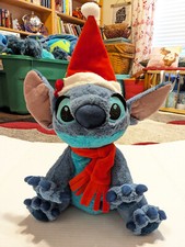 Disney Stitch Plush Blue Christmas with red Santa Hat and red Scarf
