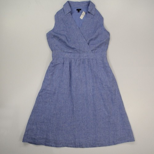 Talbots Faux Wrap Linen Sleeveless Midi Shirt Dress Pockets Blue size 14 NWT