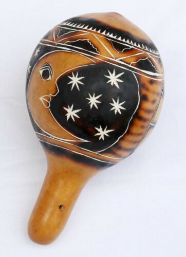 Kürbis Rassel: Sonne Mond, Peru Ethno Kalebasse Instrument, Handarbeit Folklore - Bild 1 von 4