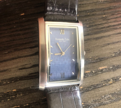 Kenneth Cole KC1145 Blue Linen Dial Curved Case Black Leather Strap Watch 26mm
