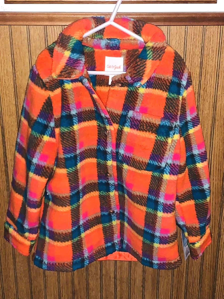 New S 6 7 Girls CAT JACK SHERPA JACKET ORANGE COLORFUL PLAID Fleece Button Up
