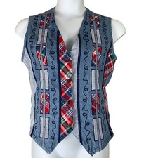Koret City Blues Vest Size Small Denim Patchwork Button Up Tie Back Blue Red