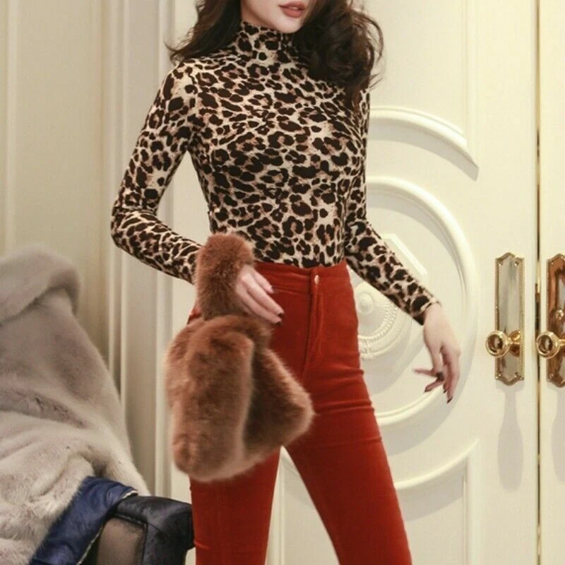 Damen Overall Body Leopardenmuster Hoher Kragen Dehnbar Turnanzug - Bild 4 von 4