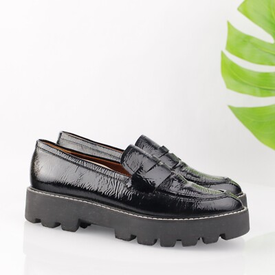 #ad Franco Sarto Women Balin Penny Loafer Size 7.5 Black Patent Shoe Chunky Lug Sole $44.39