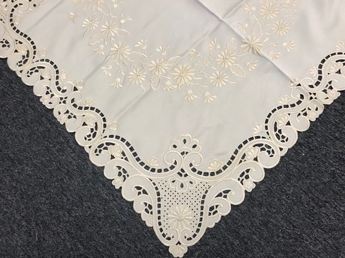 Solid Beige Ivory Cream Off White Embroidered 33" Embroidery Tablecloth Square - Picture 4 of 6