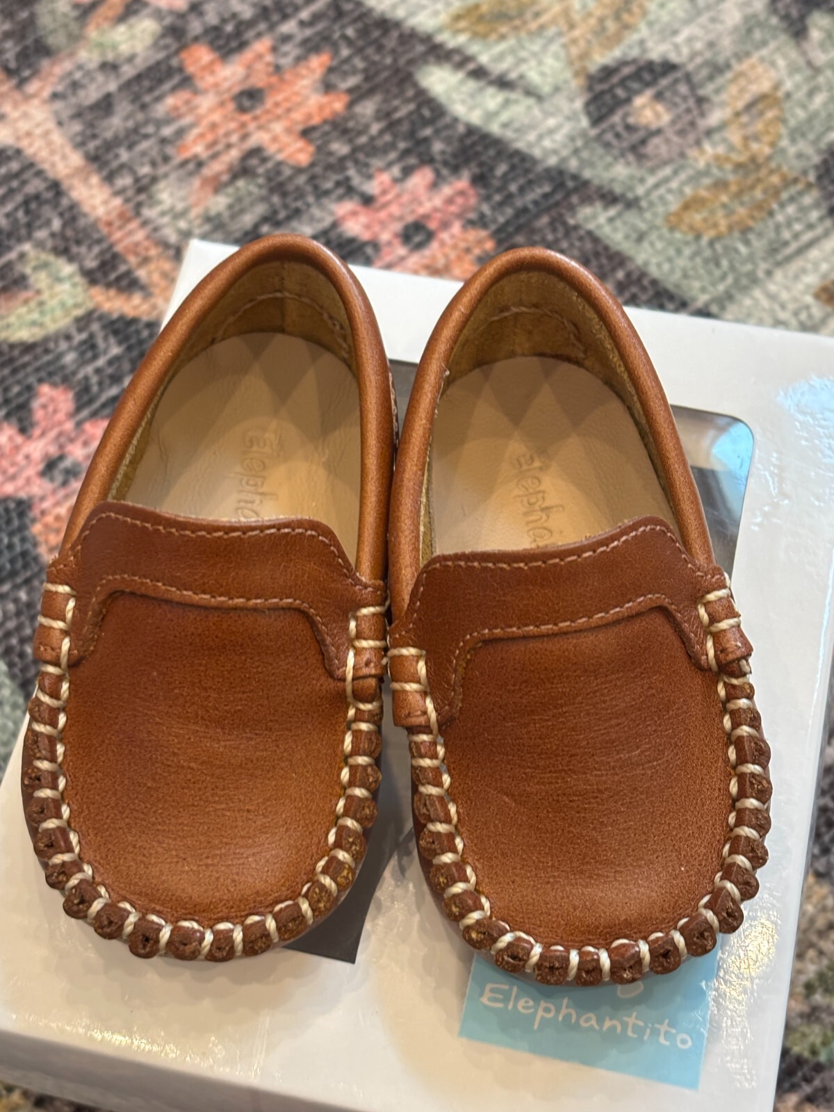 Elephantito NEW IN BOX Baby Boy Shoes, Brown Leather Moccasins, Size 2