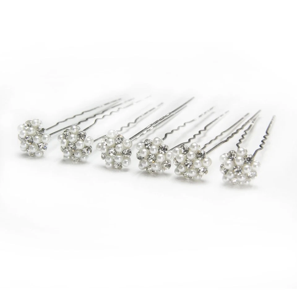 Pin de pelo nupcial con racimo de perlas mini diamantes de imitación Swarovski plateado - Juego de 6  Foto 2 de 4