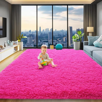 Hot Pink Rug for Living Room 8X10, Fluffy Girl Rug for Bedroom
