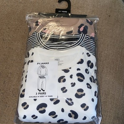 Brandneu mit Etikett M&S 3er-Pack Pyjamas 97 % Baumwolle Mädchen Alter 6-7 UVP £30 Tiermotiv  