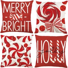 4pcs Christmas Pillow Covers 18x18in Candy Holiday Cushion Case Farmhouse Decor