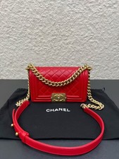 Auth Chanel Le Boy Small Flap Crossbody Bag Red Quilted Calfskin Leather