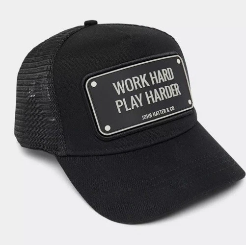 John Hatter & Co. Trucker Hat Work Hard Play Harder Patch Cap Black Snapback New
