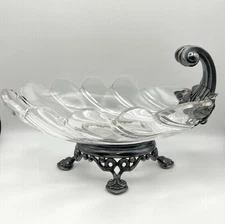 Antique Christofle Silverplate & Glass Leaf Shape Bon Bon Bowl, 8 1/2"