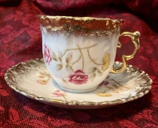 Vntg Dresden Cup and Saucer Flowers Heavy Gold Germany, rare pattern 