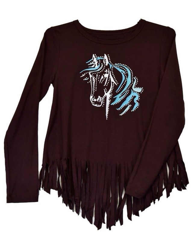 Cowgirl Hardware Fringe Horse brown Long Sleeve Shirt New Girls 14/16 XL Rodeo
