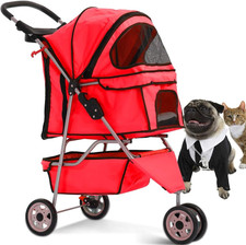 3-Wheel Pet Stroller Foldable Dog Cat Stroller Small Medium Dogs Travel Red