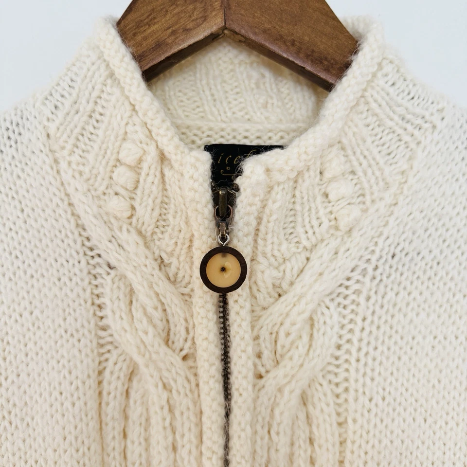 Cárdigan Diseño Islandés Cremallera Completa Marfil Lana Alpaca Mohair Cable Tejido PEQUEÑO Foto 4 de 4