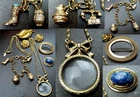 VTG COSTUME JEWELRY LOT PINS SIGNED AVON CHARM BRACELET 1928 MAGNIFYING NECKLACE