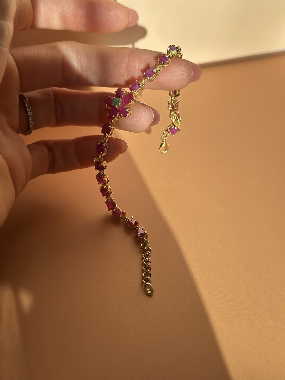 Sterling Silver Ruby Emerald Flower Station Brace… - image 4