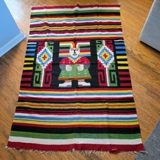 Vtg Mexican Aztec Hand-Woven Wool Blanket 72x50"