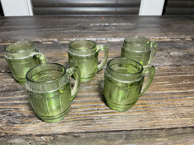Lot Of 5 Vintage Green Shot Glasses Barrel