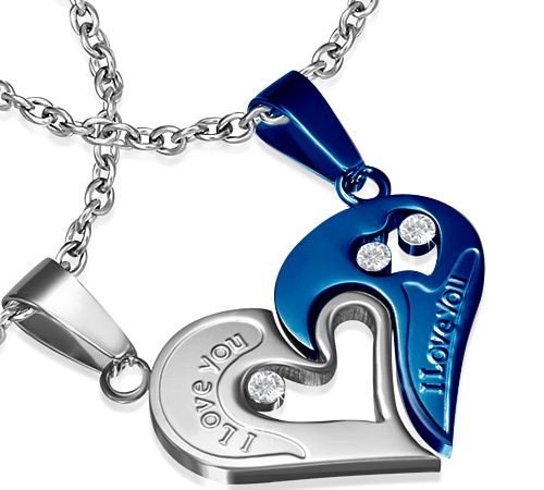 Pendentif coeur séparable bleu en acier pour couple uni